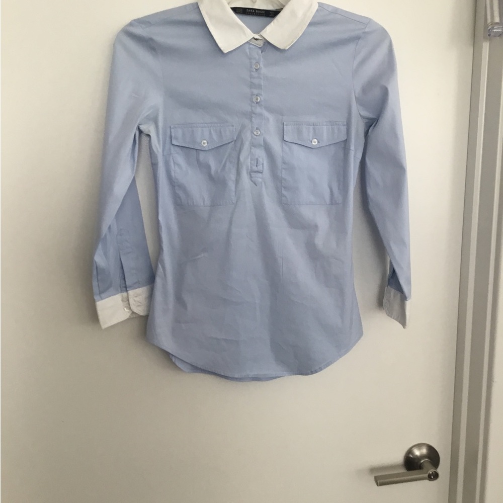 Zara Basic Collection Size Xs Blue & White Long S… - image 1